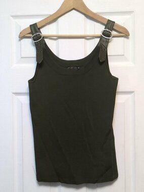 Piano Tank Top Sz L Dark Olive Green Rhinestone Faux Leather Straps Grunge Fairy